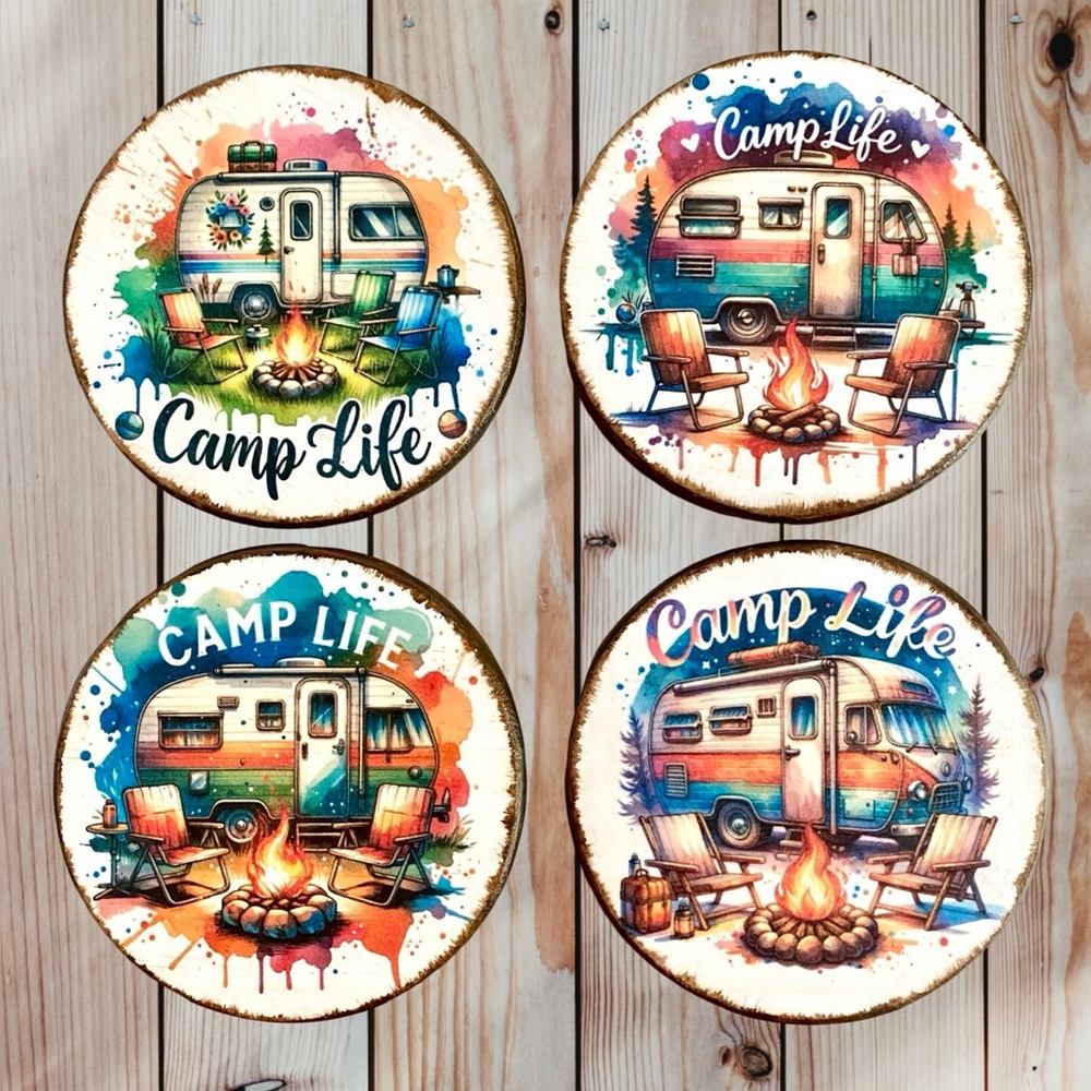 Fun Colorful Camp Life Round Wood Coaster Set of 4 w/ Vibrant Camping Scenes